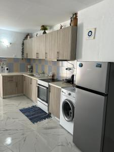 eine Küche mit einem Kühlschrank und einer Waschmaschine in der Unterkunft Stegna Blue Shell in Archangelos