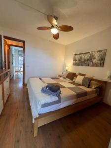 a bedroom with a large bed with a ceiling fan at Alquilaencanarias Caletillas Vista al Mar in Candelaria