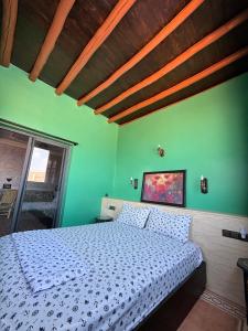 阿格魯的住宿－Taddart Aglou，一间卧室配有一张白色的床和绿色的墙壁