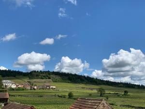 a green field with houses and a blue sky with clouds at Holiday week-end mercurey in Mercurey