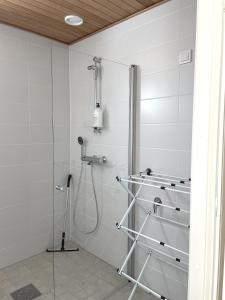 a shower in a bathroom with a glass door at Sunny Beach Apartment Hiekkasärkät Kalajoki in Kalajoki +14 photos