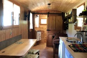 a kitchen with a counter and a sink in a room at Gîte insolite, logement fabuleux in Guyans-Vennes
