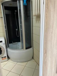 a shower in a bathroom with a washing machine at Łódź Widzew-wschód in Łódź