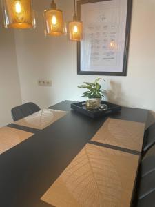 una sala conferenze con un tavolo con sedie e luci di Ferien und Monteurwohnung a Saarbrücken