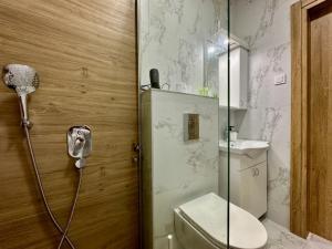 W łazience znajduje się prysznic, toaleta i umywalka. w obiekcie Herceg Novi w mieście Herceg Novi