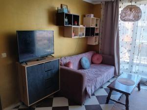 a living room with a couch and a flat screen tv at Golden Hacienda in Sozopol