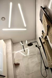 a bathroom with a shower and a ceiling with lights at Mazvydo studio appartment in Klaipėda
