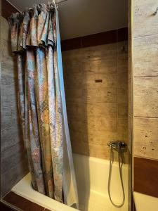 a shower curtain in a bathroom with a tub at katerina`s house in Kefalos +14 photos