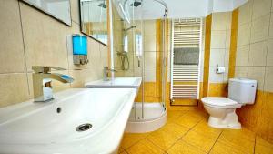 a bathroom with a tub and a toilet and a sink at Vinný Sklep Monty Velké Bílovice in Velké Bílovice