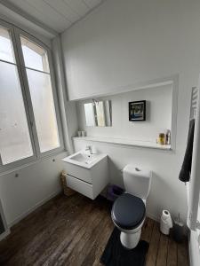 Baño blanco con aseo y lavamanos en 2 bed apartment fantastic roof terrace-town centre, en Montmorillon