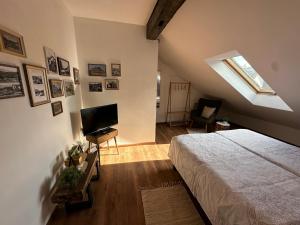 a bedroom with a bed and a flat screen tv at Ubytovanie CA - comfy apartments in Čadca