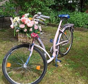 Una bicicleta con una cesta llena de flores. en Willa Retro Hostel en Cracovia