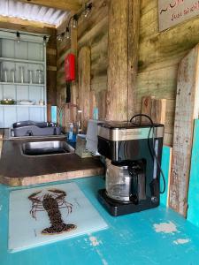 uma cozinha com comodidades para preparar café no balcão em Berty the campervan em Carbis Bay