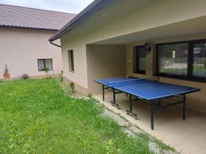 a ping pong table sitting outside of a house at Casa Radu in Novaci