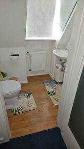 a small bathroom with a toilet and a sink at Ferienwohnung Lehmann in Wolfenbüttel +11 photos