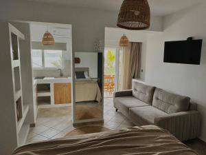 ein Wohnzimmer mit einem Sofa und einem Spiegel in der Unterkunft San Salvatore in Zakynthos