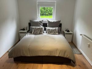 a bedroom with a bed with pillows and a window at Püttlingen Appartement in Püttlingen
