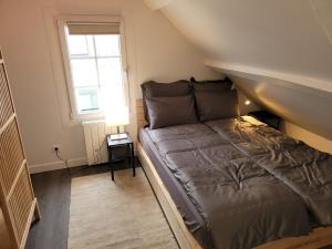 une petite chambre avec un lit dans un grenier dans l'établissement Duplex Calme et Confortable au Centre-Ville Compiègne, à Compiègne