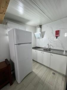 cocina blanca con nevera y fregadero en CIH - Constituição Invicta Home, en Oporto