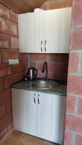 cocina con fregadero y pared de ladrillo en Sevan - Lavanda Cottages, en Sevan 10 fotos más