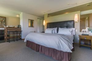 una camera d'albergo con un grande letto e un bagno di Puerto Manzano Suites by Visionnaire a Villa La Angostura