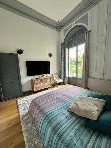 ein Schlafzimmer mit großem Bett und Fernseher in der Unterkunft Prestigieuse Suite Princeteau in Libourne