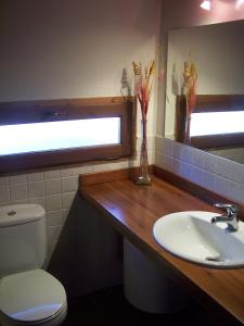 a bathroom with a sink and a toilet and a vase of flowers at Casas Rurales el Cerrete de Haro in Fuentelespino de Haro