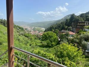 a view from a balcony of a town in the mountains at Guest House Emiljos Flamur in Berat