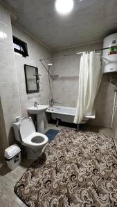 a bathroom with a toilet and a tub and a sink at Guest House Janel in Cholpon-Ata