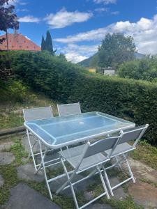 une table de ping-pong avec deux chaises à côté dans l'établissement Gîte Les Géraniums, à Pallud