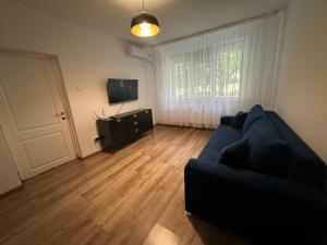 a living room with a blue couch and a television at Peony Apartament in Craiova
