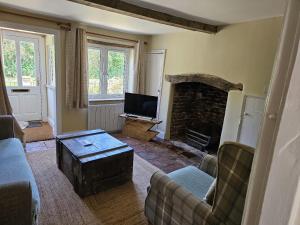 a living room with a couch and a fireplace at Rosemary Cottage in Mattishall