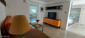 ein Wohnzimmer mit einem Sofa und einem TV in der Unterkunft Apartment Pergola in Veprinac