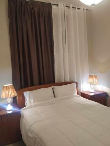 sypialnia z dużym białym łóżkiem z 2 lampami w obiekcie Maria’s apartment w mieście Amfilochia