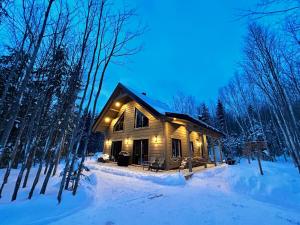 eine Hütte im Wald im Schnee in der Nacht in der Unterkunft Repaire des bouleaux in Saint-Tite-des-Caps