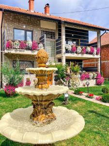 a fountain in front of a house with flowers at Vila Petunija in Sjenica