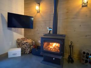 einen Herd in einem Zimmer mit Kamin in der Unterkunft Repaire des bouleaux in Saint-Tite-des-Caps