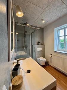 a bathroom with a tub and a toilet and a shower at Fachwerk-Ferienhaus, Ruhe auf dem Land, Haustiere willkommen, Leihfahrräder, 24-7 check in in Kirchlinteln