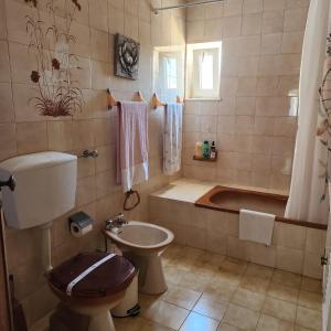 La salle de bains est pourvue de toilettes, d'une baignoire et d'un lavabo. dans l'établissement Don Sidónio Alojamentos, à Portimão
