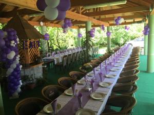 a long table with purple plates and napkins at Bed & Breakfast Karavan in Raška