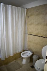 a bathroom with a toilet and a shower curtain at Baleine in Puerto Madryn