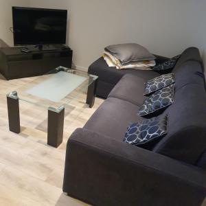 un salon avec un canapé et une table en verre dans l'établissement Jolie 2 pièces avec terrasse jusqu'à 5 personnes Nancy centre, à Nancy