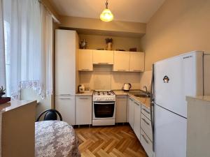 Una cocina con gabinetes blancos y un refrigerador blanco. en Apartment Dadiani 26, en Tiflis
