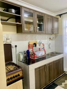 cocina con armarios de madera, fregadero y fogones en Trice Homes One Bedroom Condo at Lavender Apartment, en Nanyuki