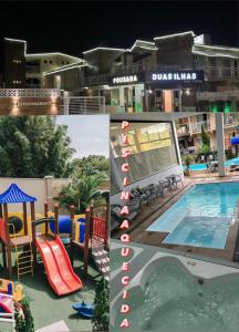 uma colagem de fotografias de uma piscina e de um hotel em Pousada Duas Ilhas em Penha