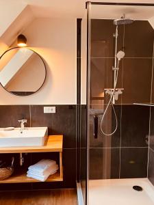 a bathroom with a shower and a sink at Sommerhaus Reethaus "M" in Grödersby