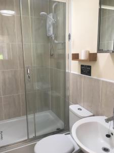 a bathroom with a shower and a toilet and a sink at Stay on the grounds of this beautiful Manor house in Wimborne Minster