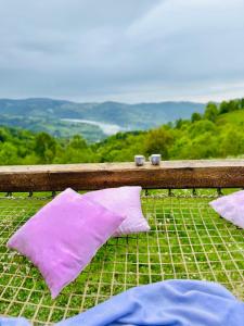 ein Paar lila Kissen auf einem Zaun in der Unterkunft Emoția Munților 