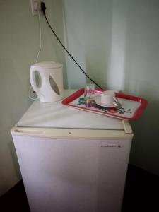 a white refrigerator with a tray on top of it at Brackendene Lodge in Gaborone