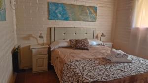 ポトレロ・デ・ロス・フネスにあるEstacion Potrero Cabañas y Habitacionesのベッドルーム1室(ベッド1台、タオル2枚付)